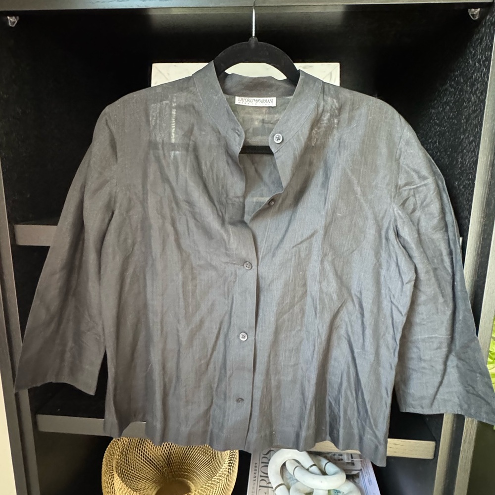 Black Emporio Armani Made in Italy Linen Button Up Shirt Blouse Size Large
